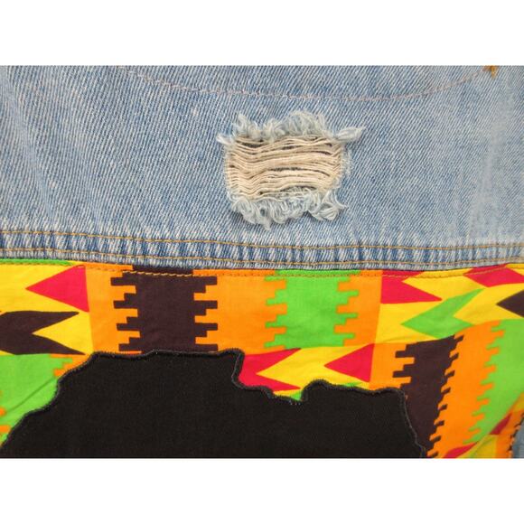 D'Iyanu Women's Small African Traditional Print Distressed Denim Jacket - Picture 11 of 15
